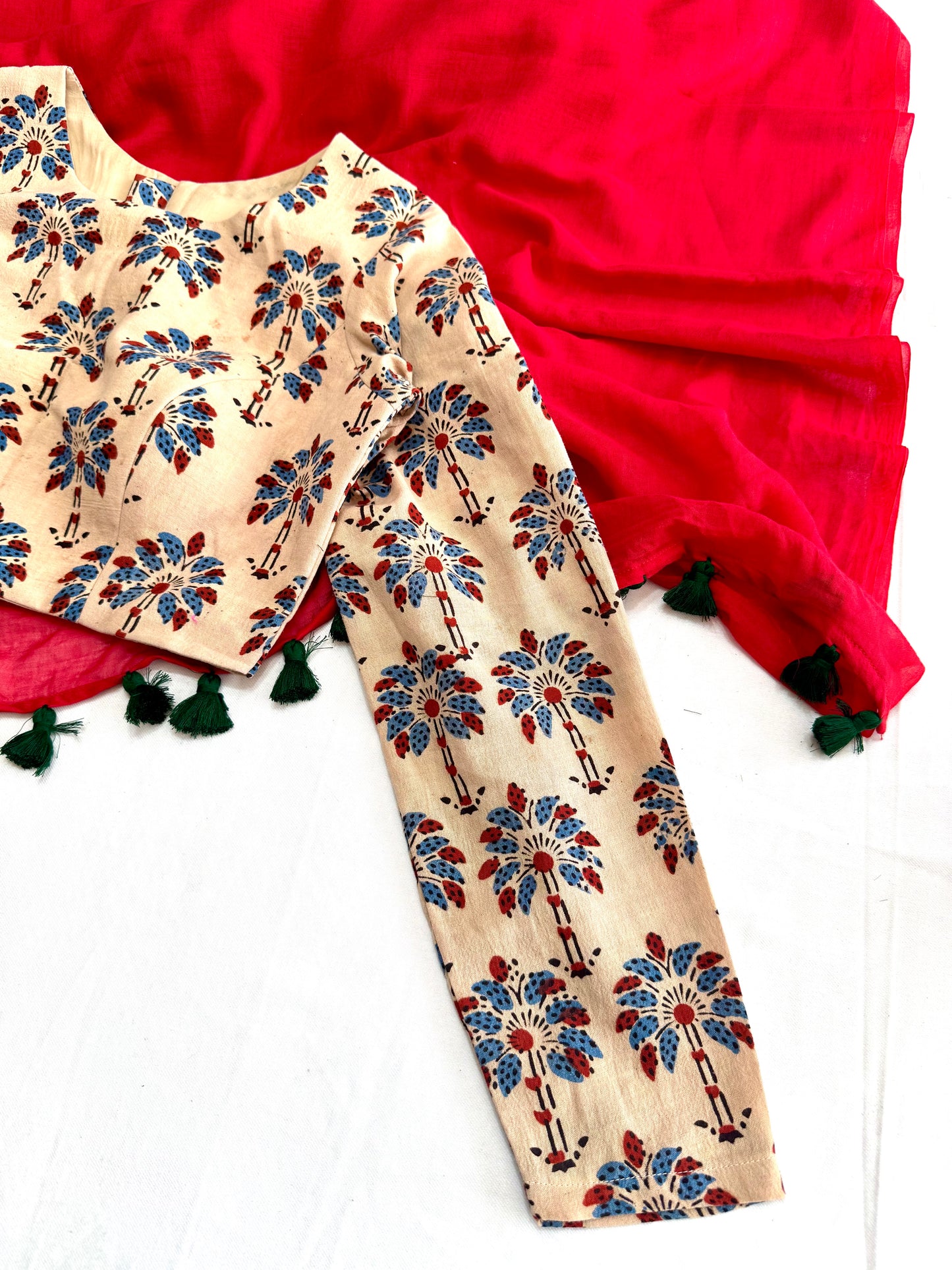 Block print Ajrakh CottonFabric Ready Made Saree Blouse