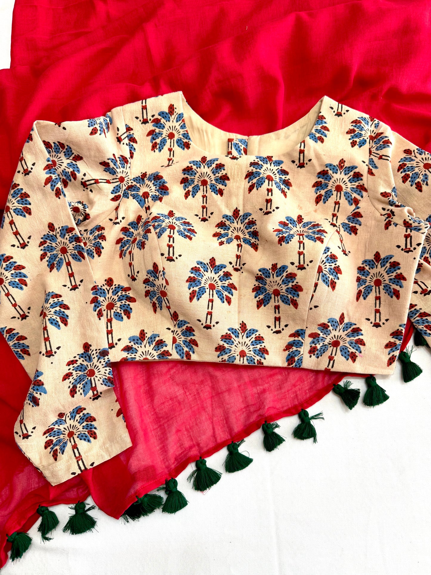 Block print Ajrakh CottonFabric Ready Made Saree Blouse