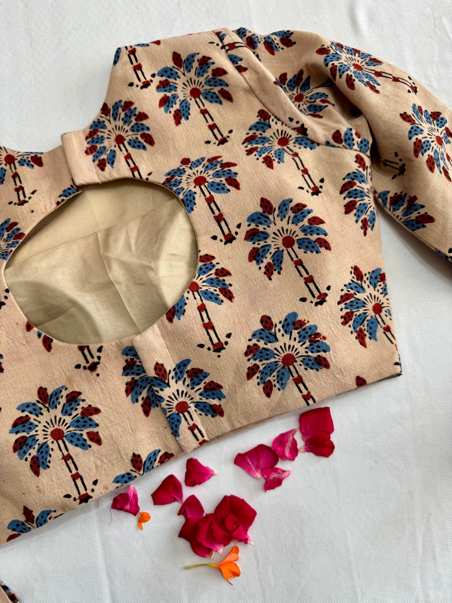 Block print Ajrakh CottonFabric Ready Made Saree Blouse