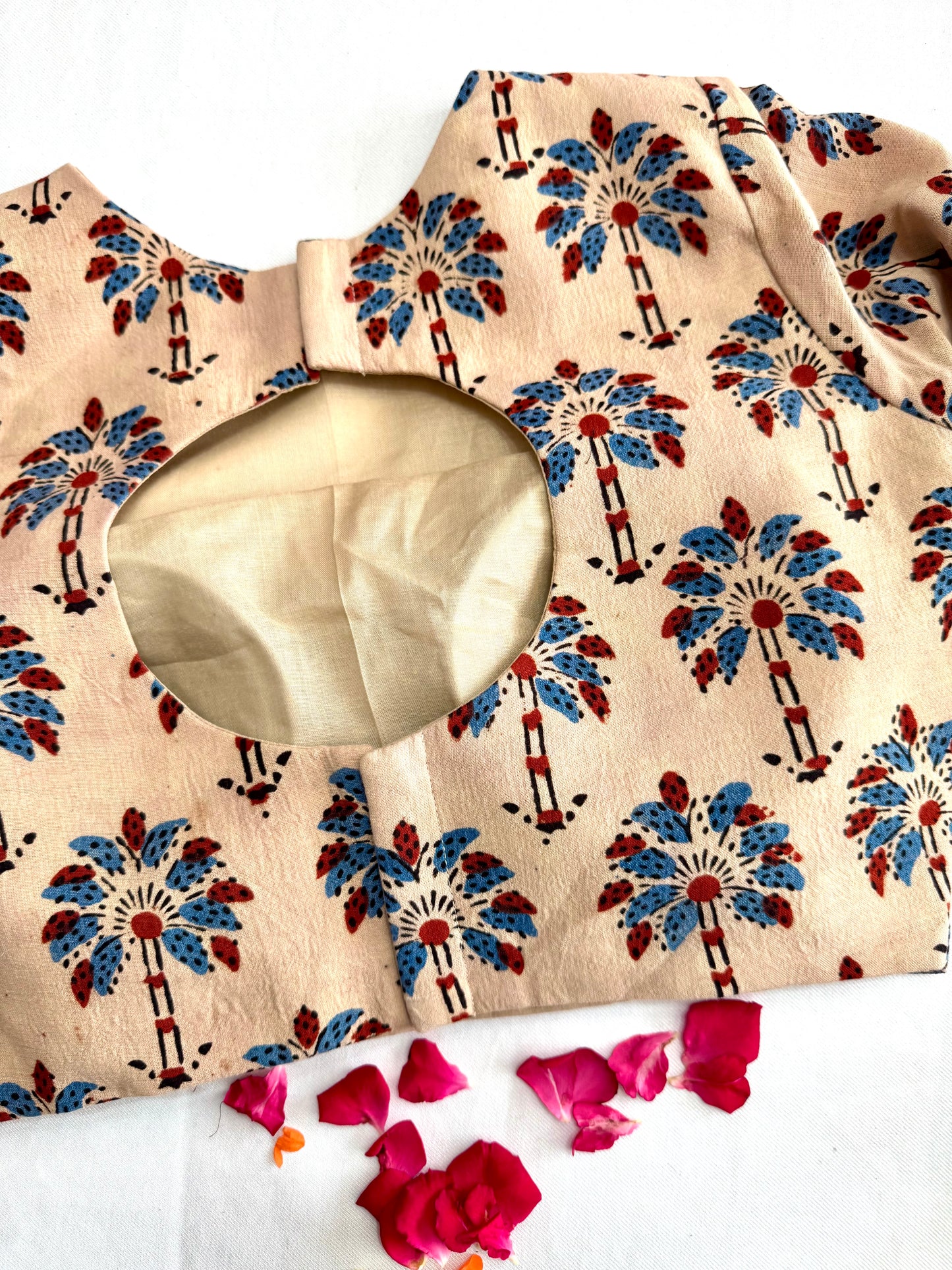 Block print Ajrakh CottonFabric Ready Made Saree Blouse