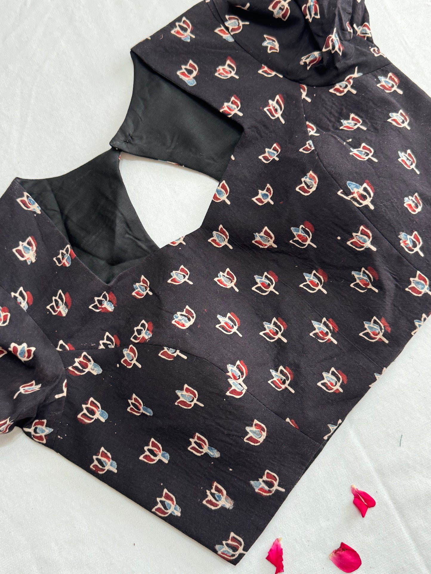 Block print Ajrakh CottonFabric Ready Made Saree Blouse