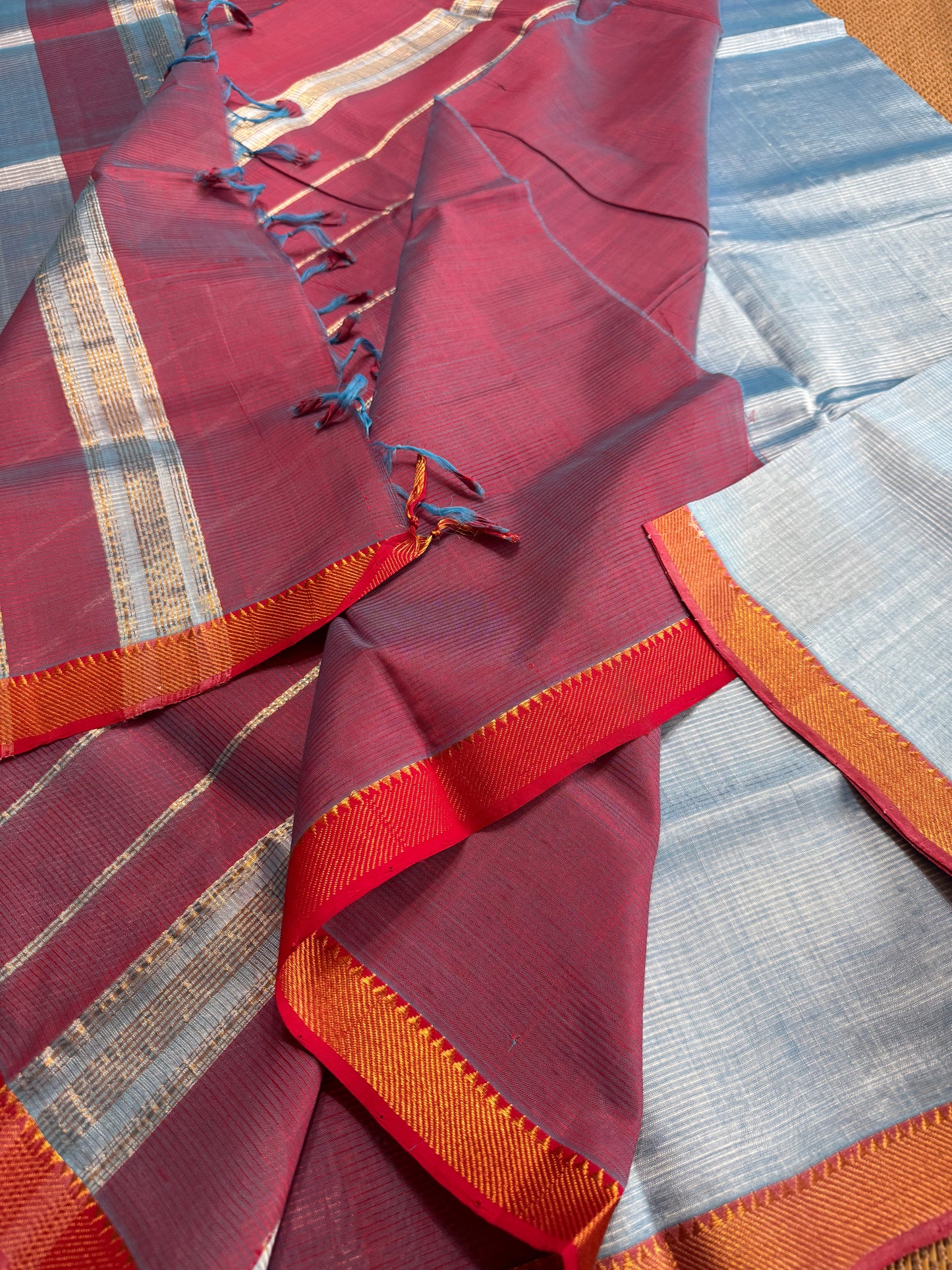 Pure Handloom Mangalagiri Semi pattu by cotton saree with 50/50 K gold border