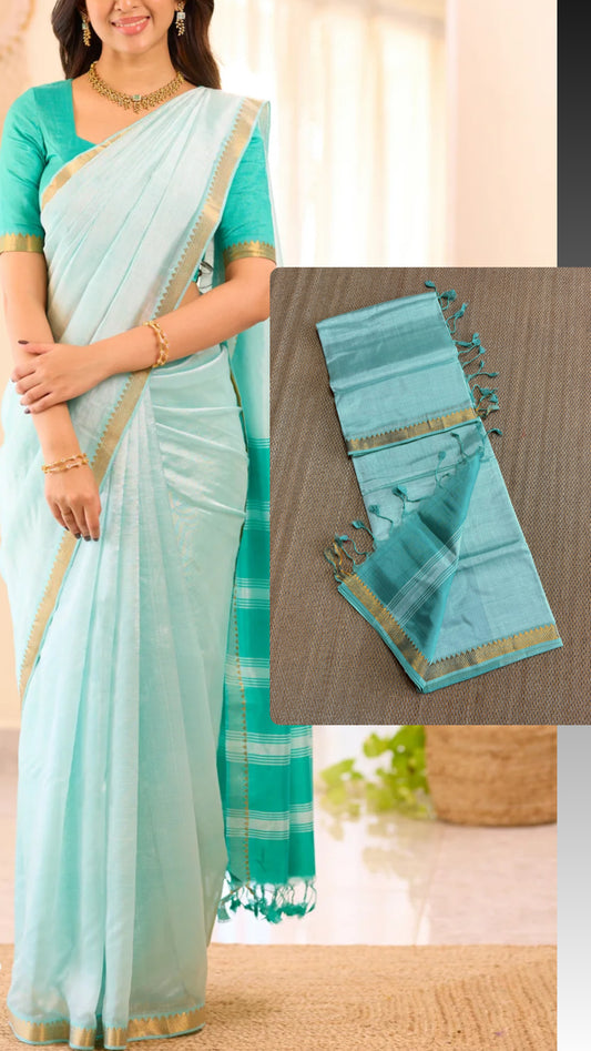 Pure Handloom Mangalagiri Semi pattu by cotton saree with 50/50 K gold border