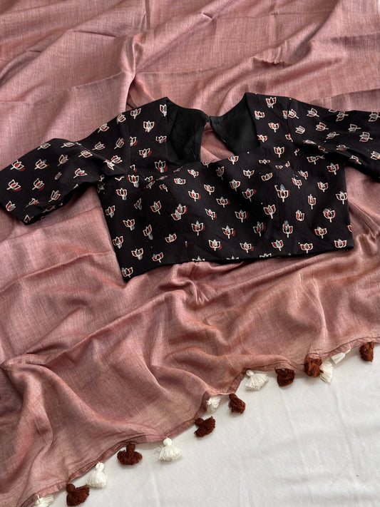 Block print Ajrakh CottonFabric Ready Made Saree Blouse