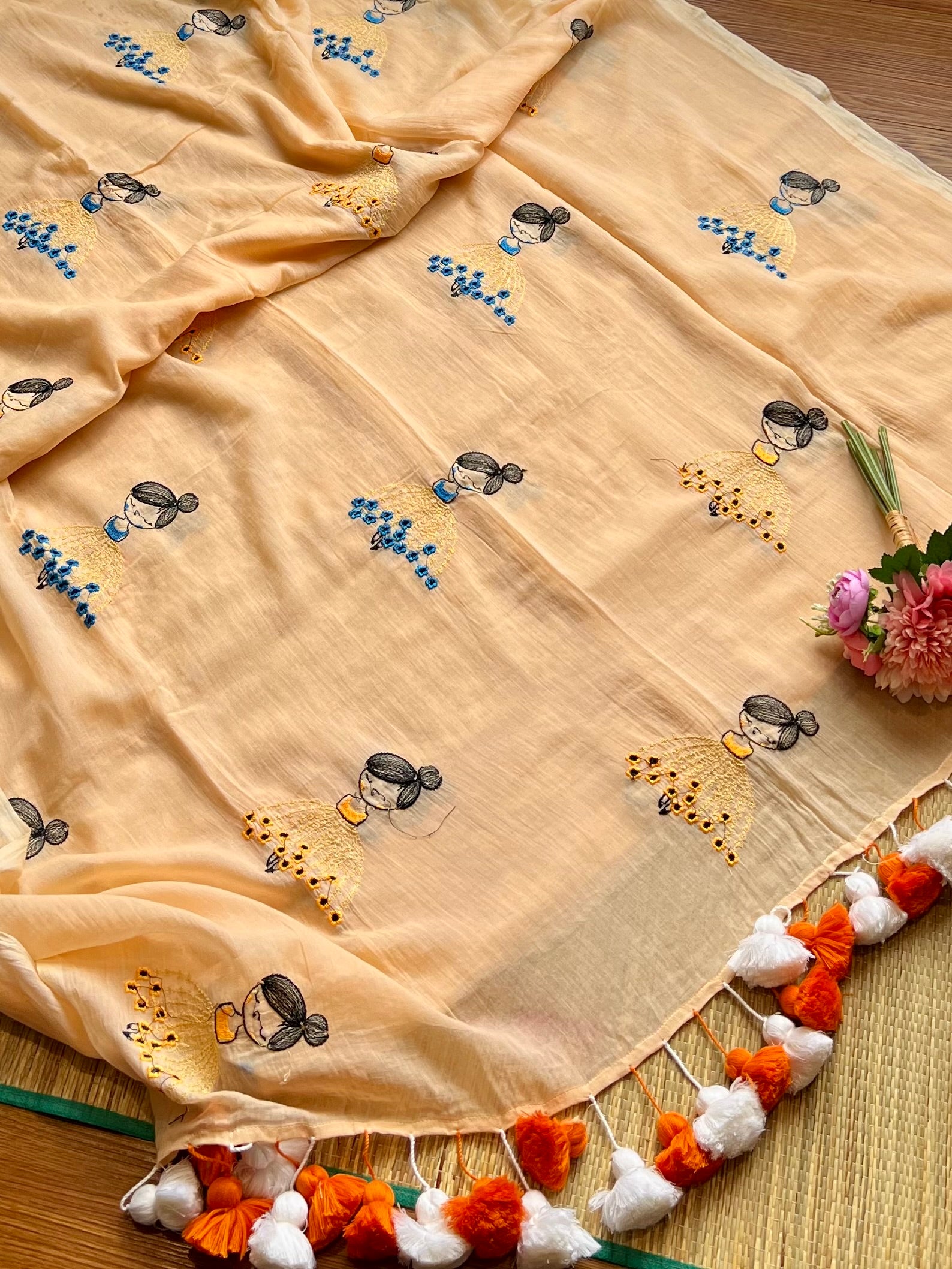 Kutty ponnu - Handloom Muslin Cotton Sare with embroidered kutty Ponnu