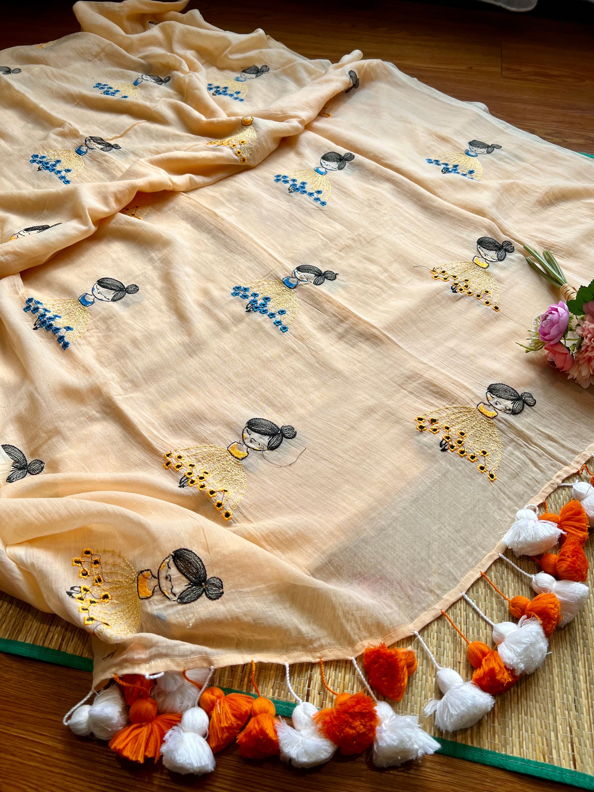 Kutty ponnu - Handloom Muslin Cotton Sare with embroidered kutty Ponnu