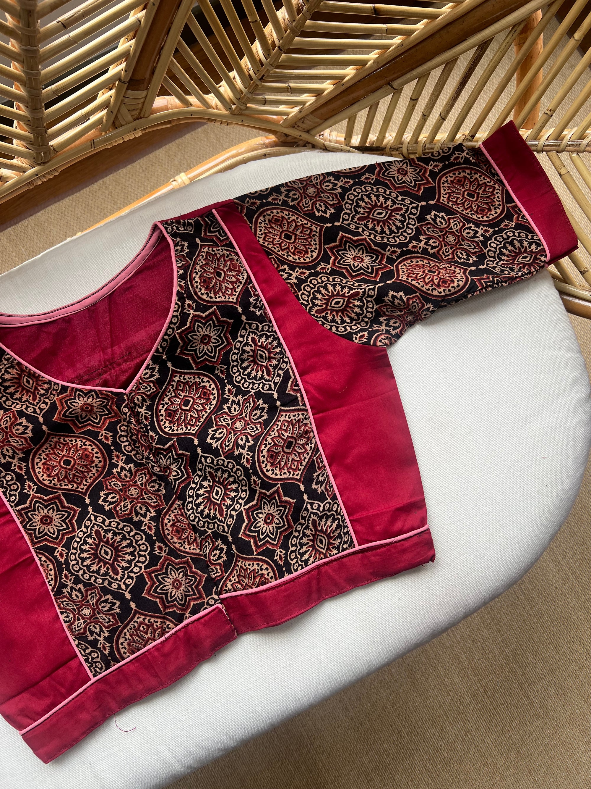 Patchwork Ajrakh -Ready Made Saree  blouse