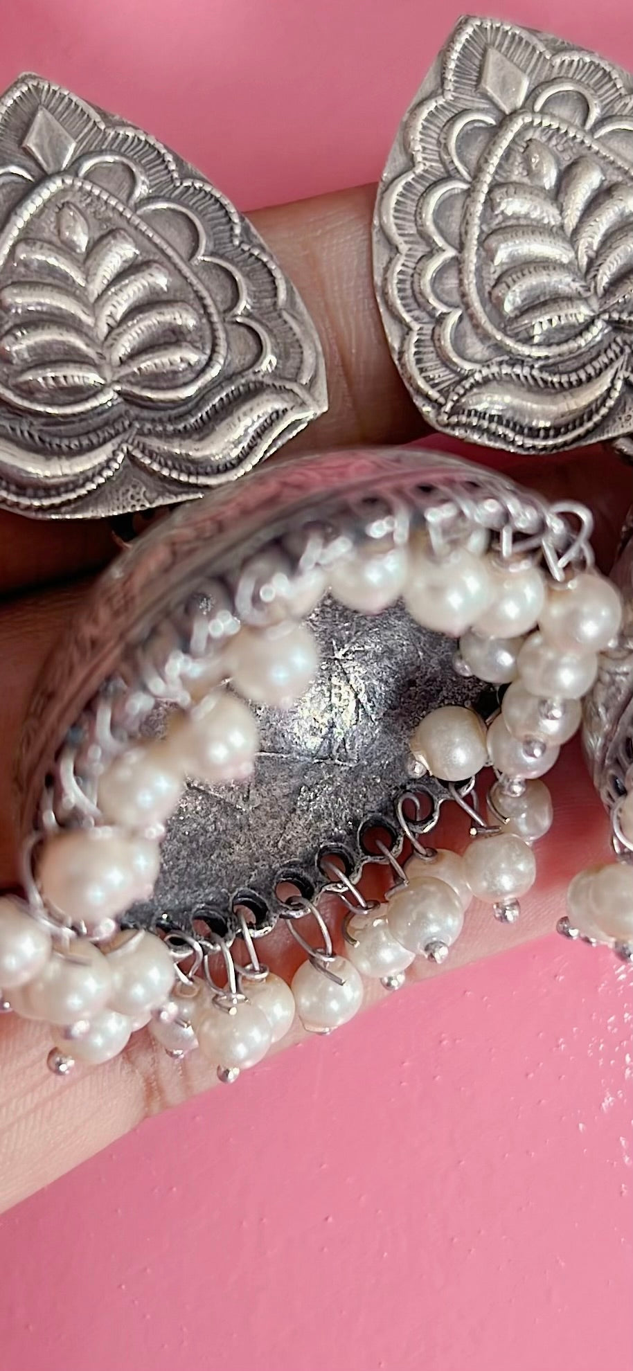 Oxidized silver jumka with pearls