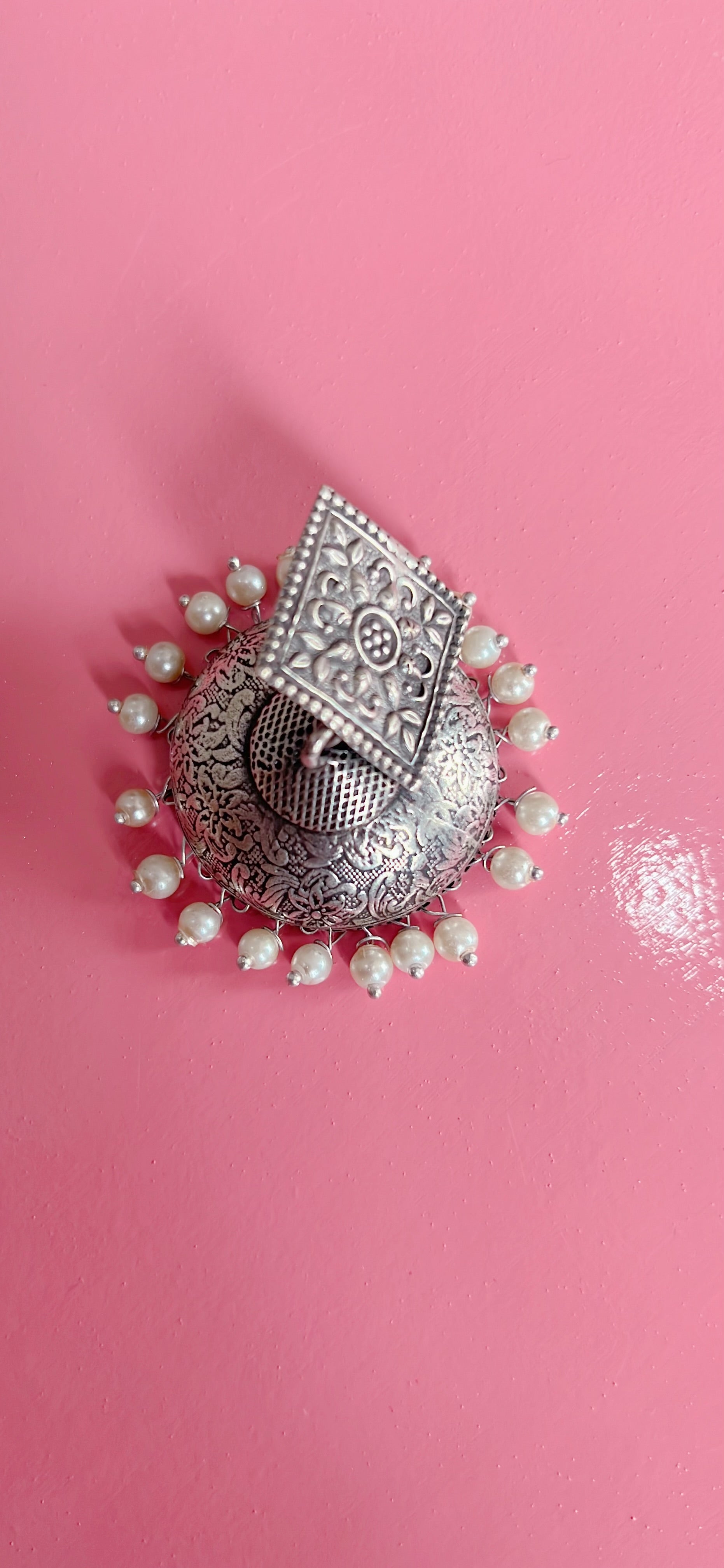 Oxidized silver jumka with pearls