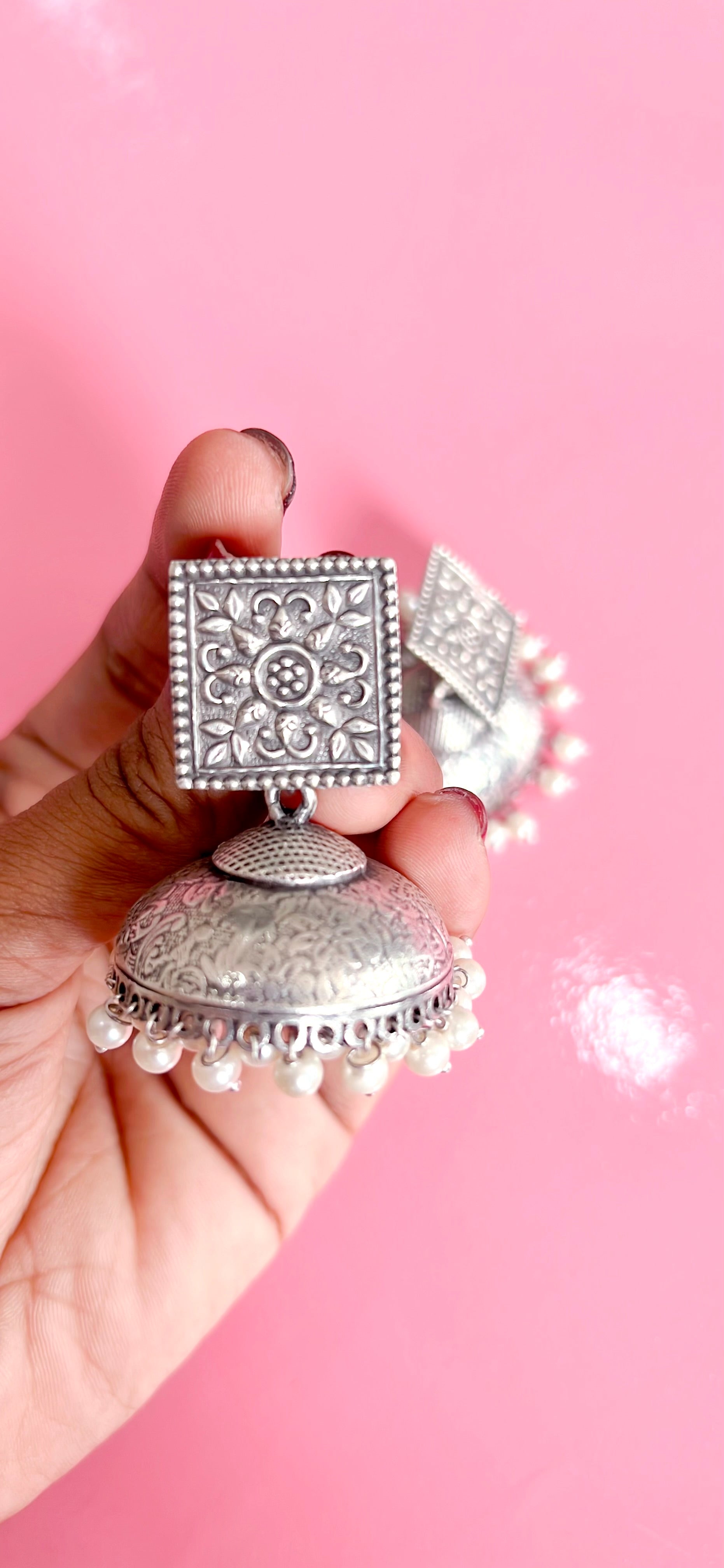 Oxidized silver jumka with pearls
