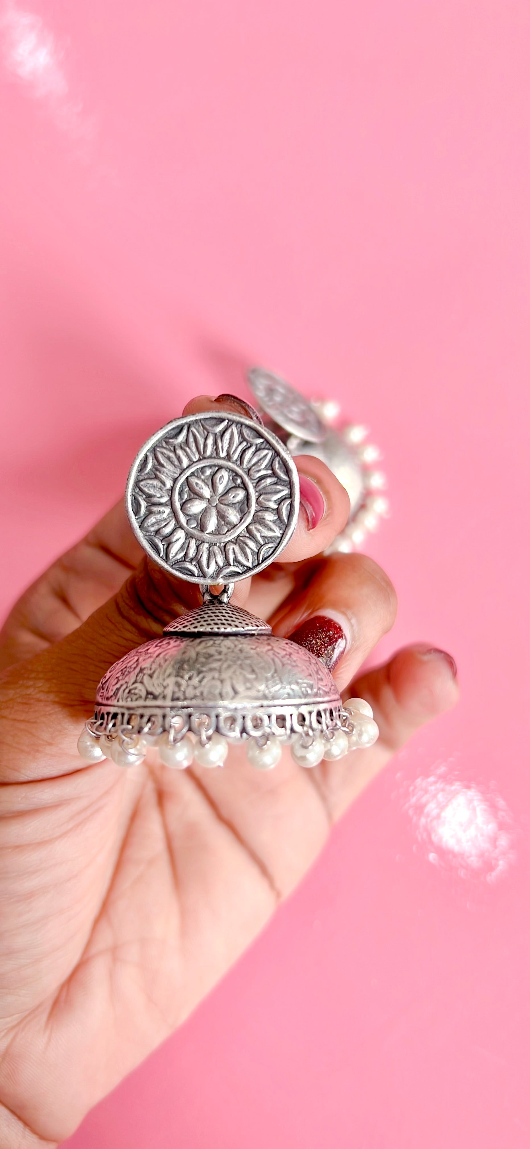 Oxidized silver jumka with pearls