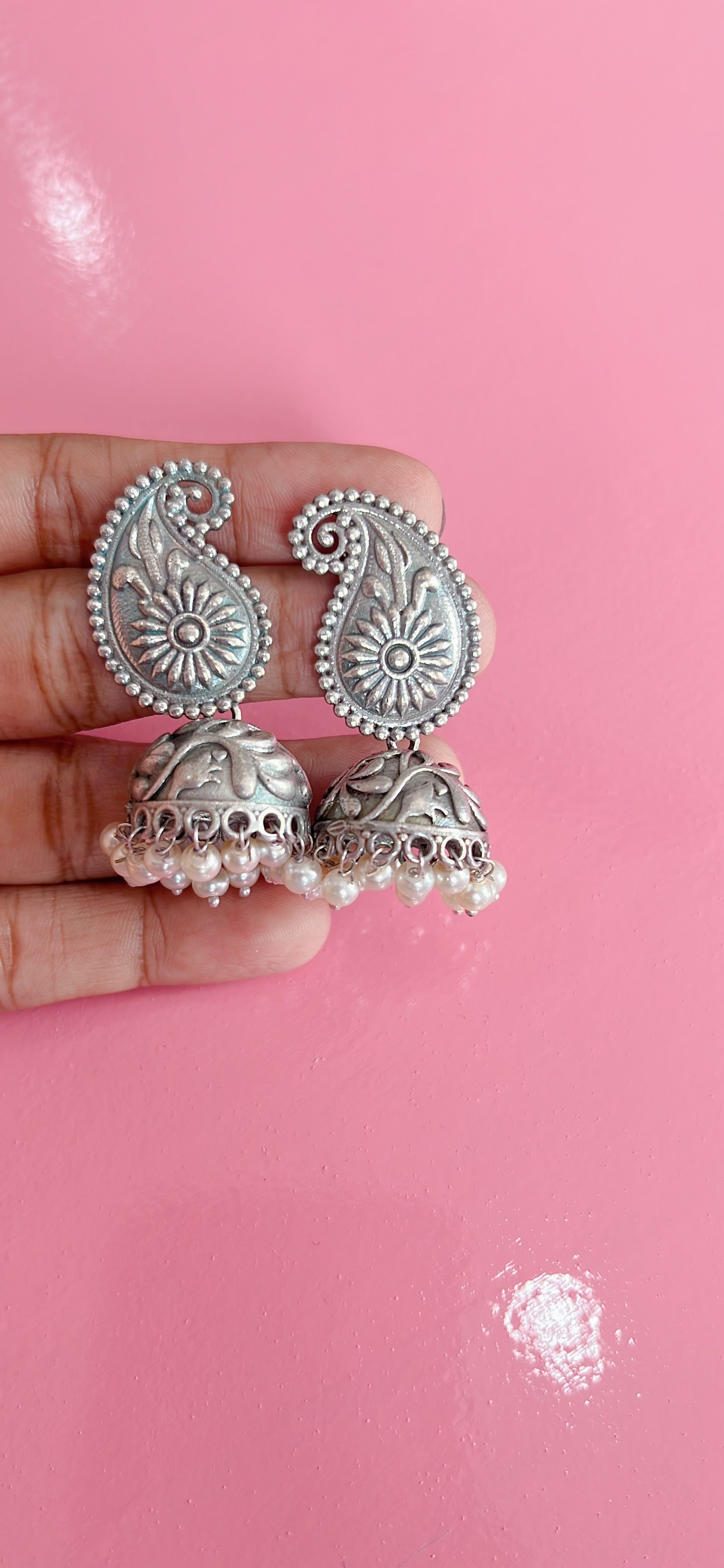 Oxidized silver jumka with pearls