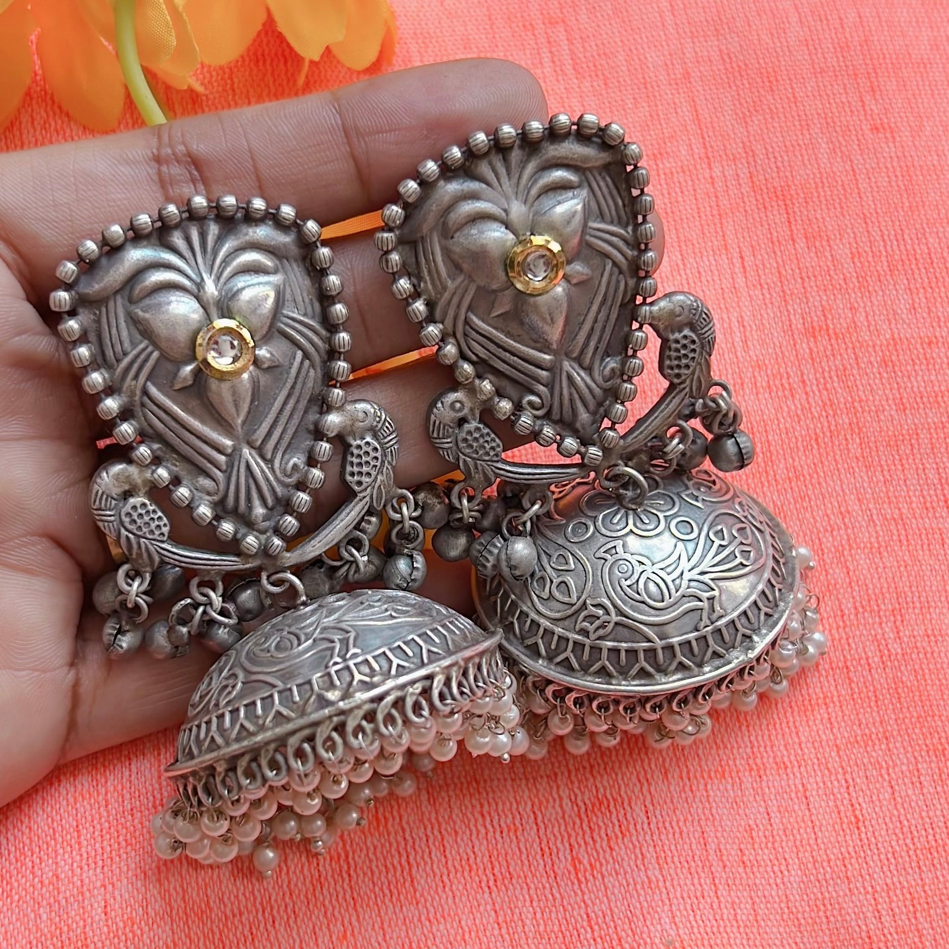 Oxidized silver lookalike statement jumka earrings