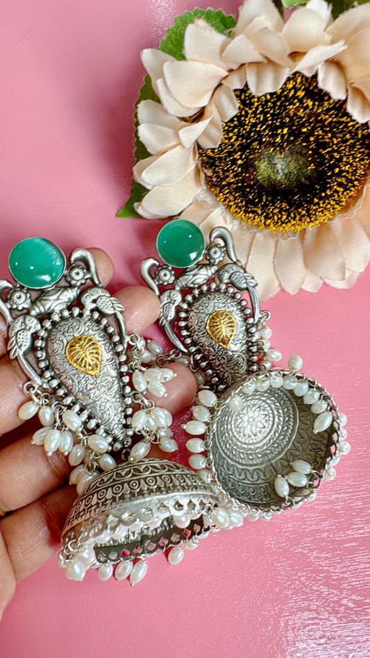 Silver lookalike statement jumka earrings