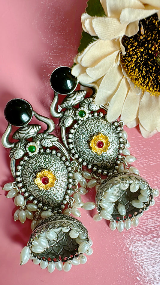 Silver lookalike statement jumka earrings