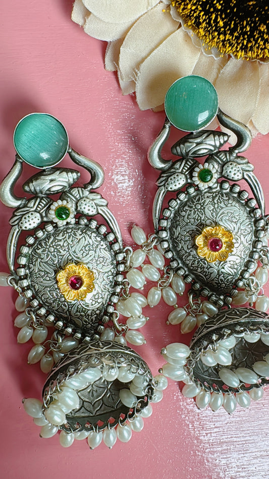 Silver lookalike statement jumka earrings