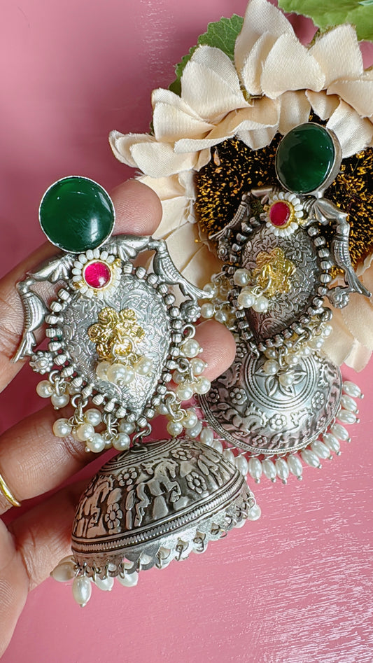 Silver lookalike statement jumka earrings