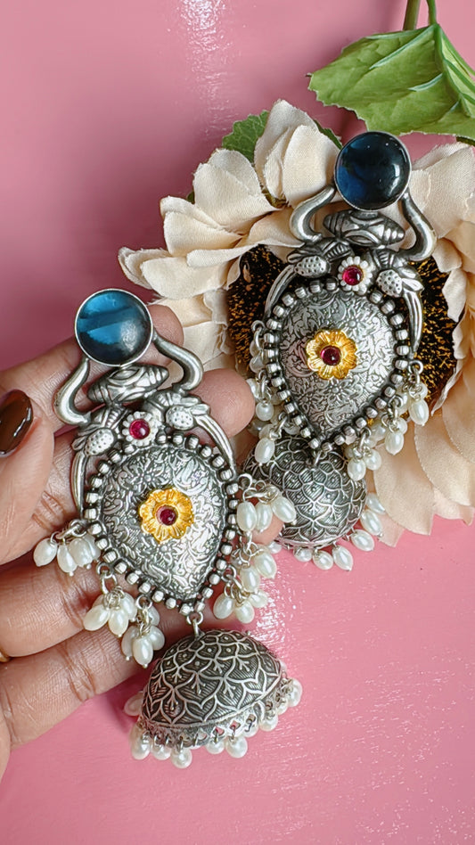 Silver lookalike statement jumka earrings