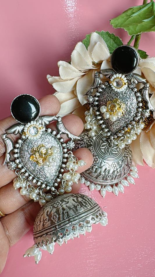 Silver lookalike statement jumka earrings