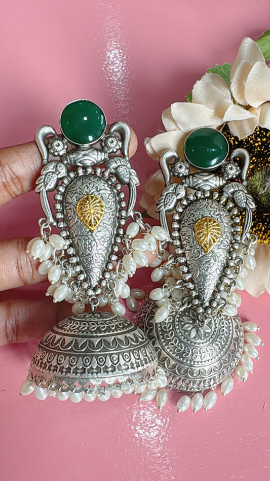 Silver lookalike statement jumka earrings