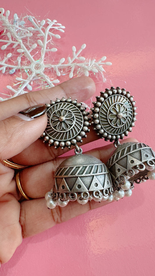 Oxidized silver jumka earrings