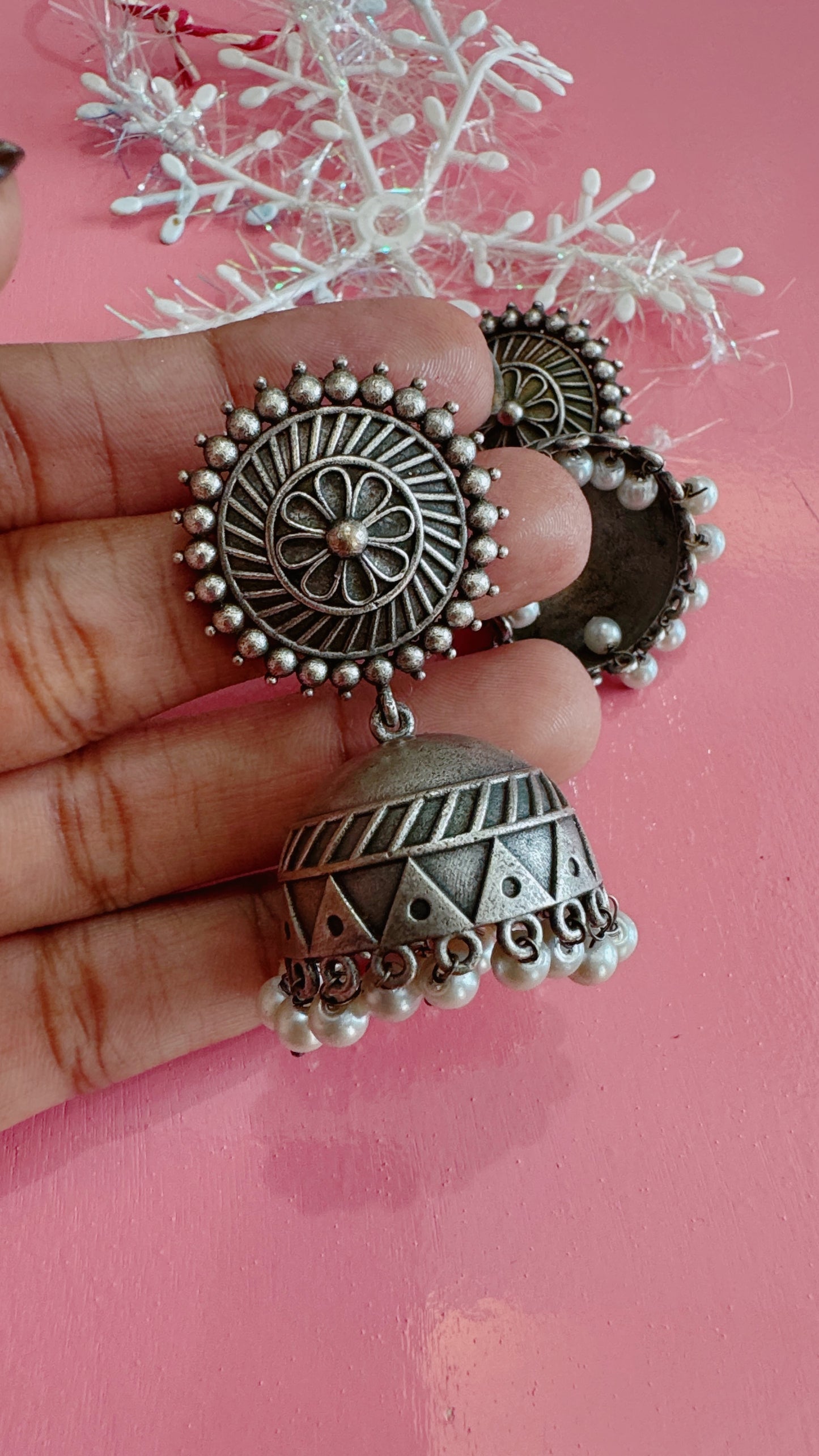 Oxidized silver jumka earrings