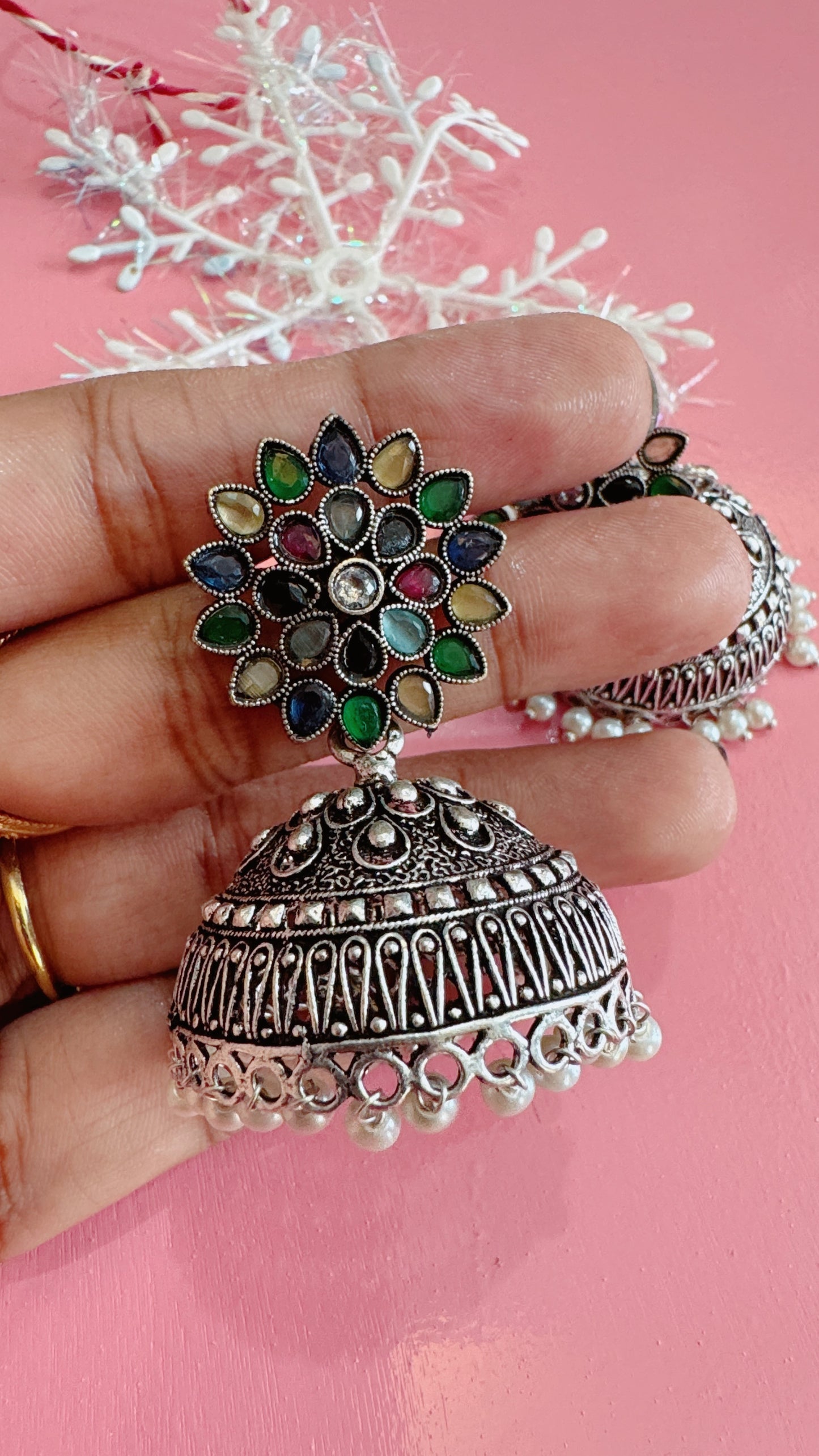 Multi colour stone -Oxidized silver jumka earrings