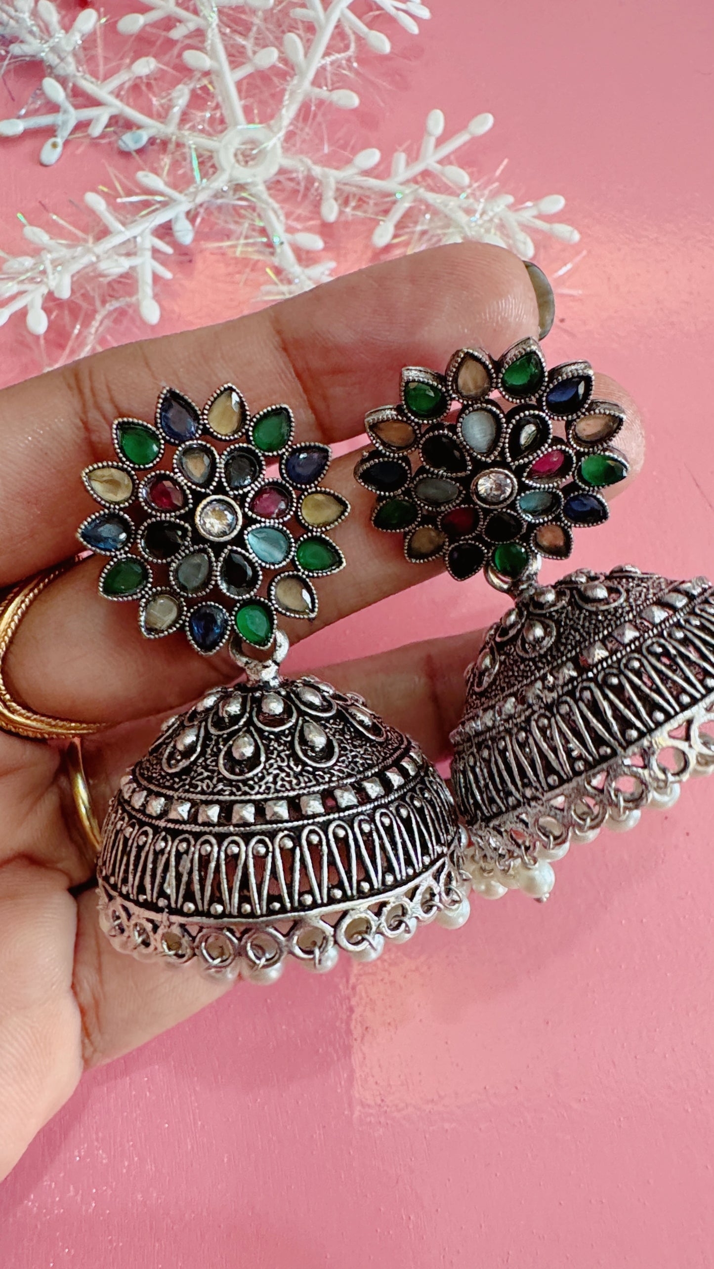 Multi colour stone -Oxidized silver jumka earrings