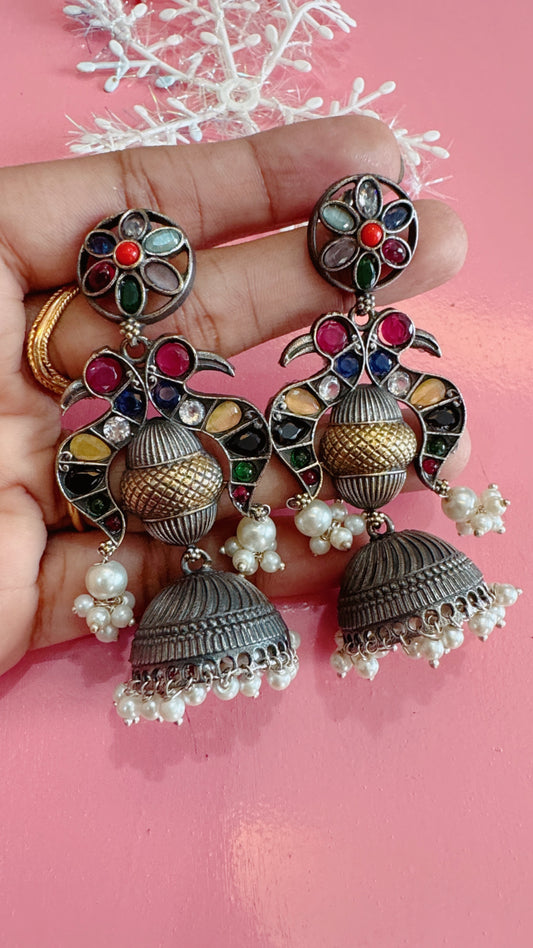 Oxidized silver jumka earrings