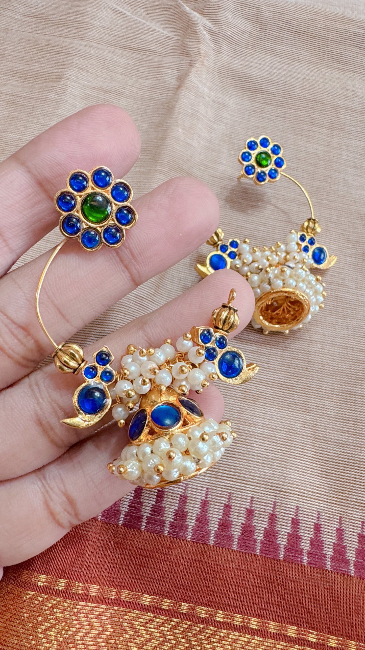 Hand made kemp earrings with jumka and pearls