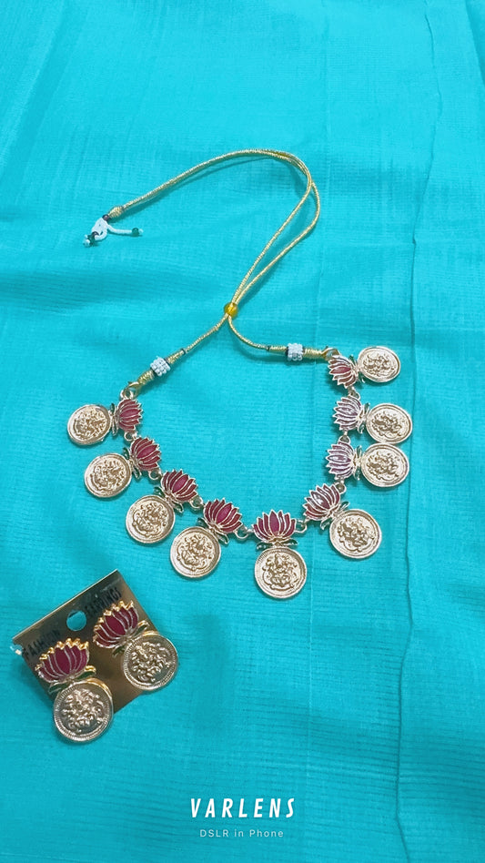 Manju Warrier Inspired Lotus enamel neckwear with earrings