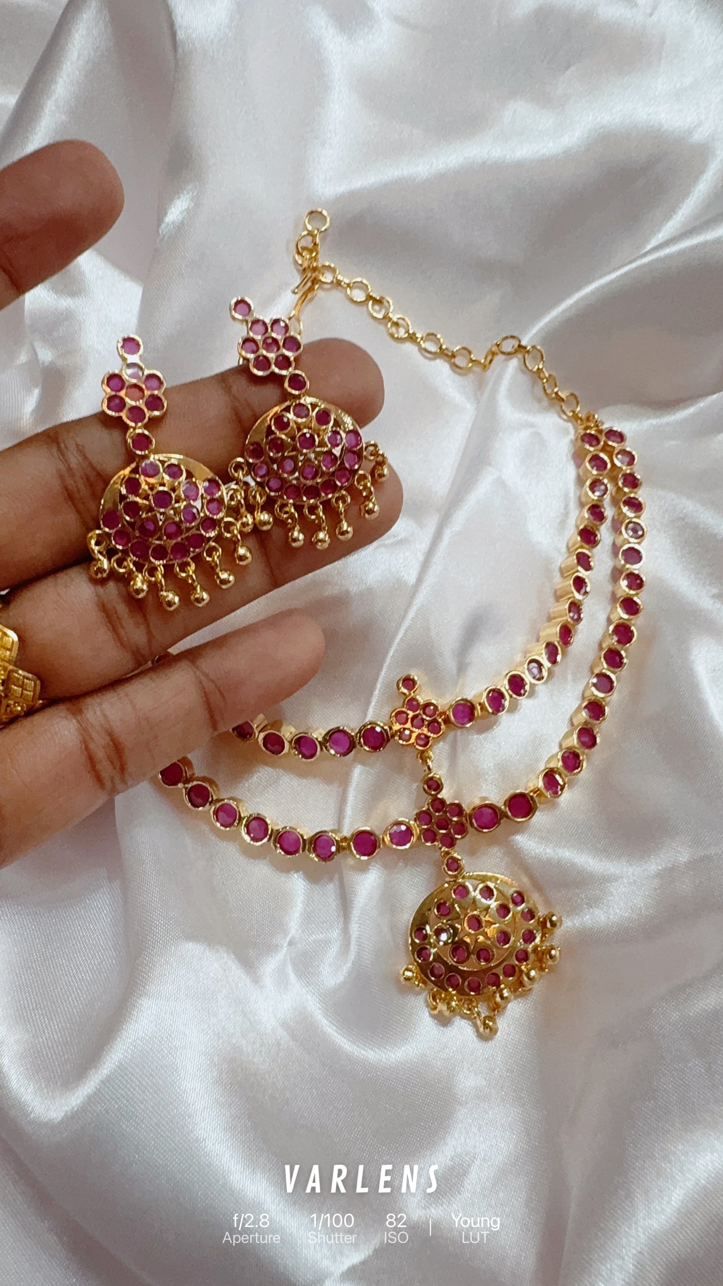 EVERGREEN STEP MATTE FINISH RUBY stone attigai-Traditional south indian premium neckwear with earrings