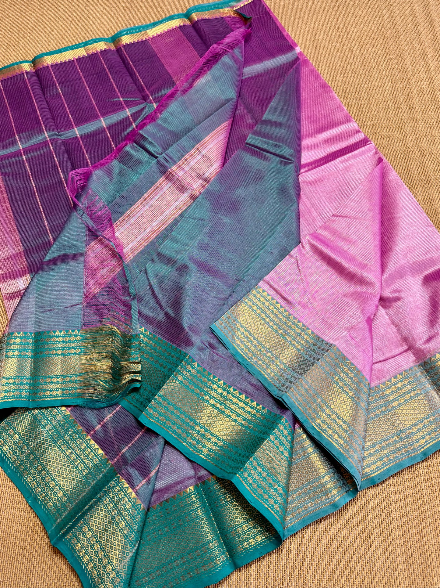 Pure Handloom Mangalagiri Semi pattu by cotton saree with 50/150K gold border