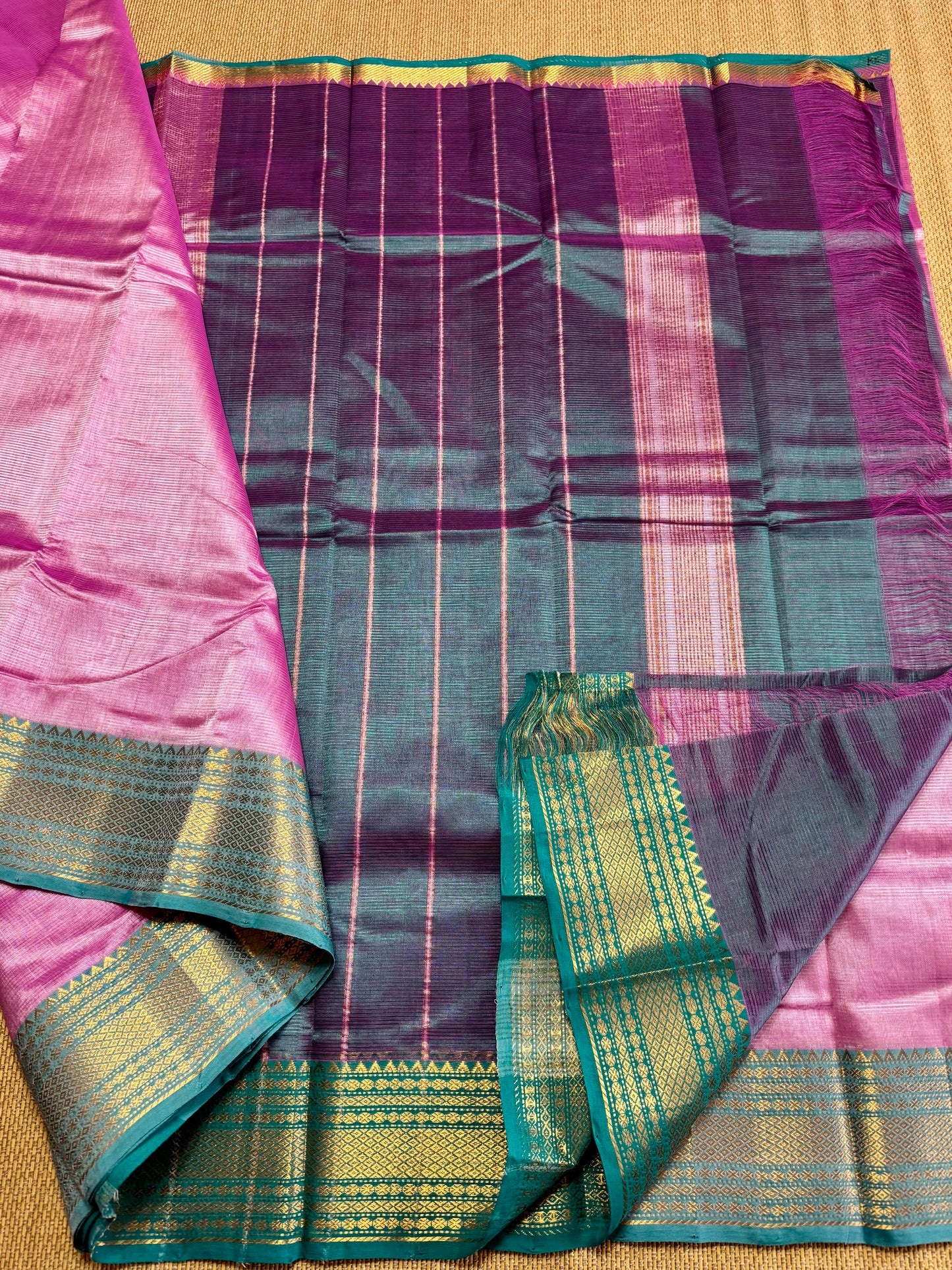 Pure Handloom Mangalagiri Semi pattu by cotton saree with 50/150K gold border