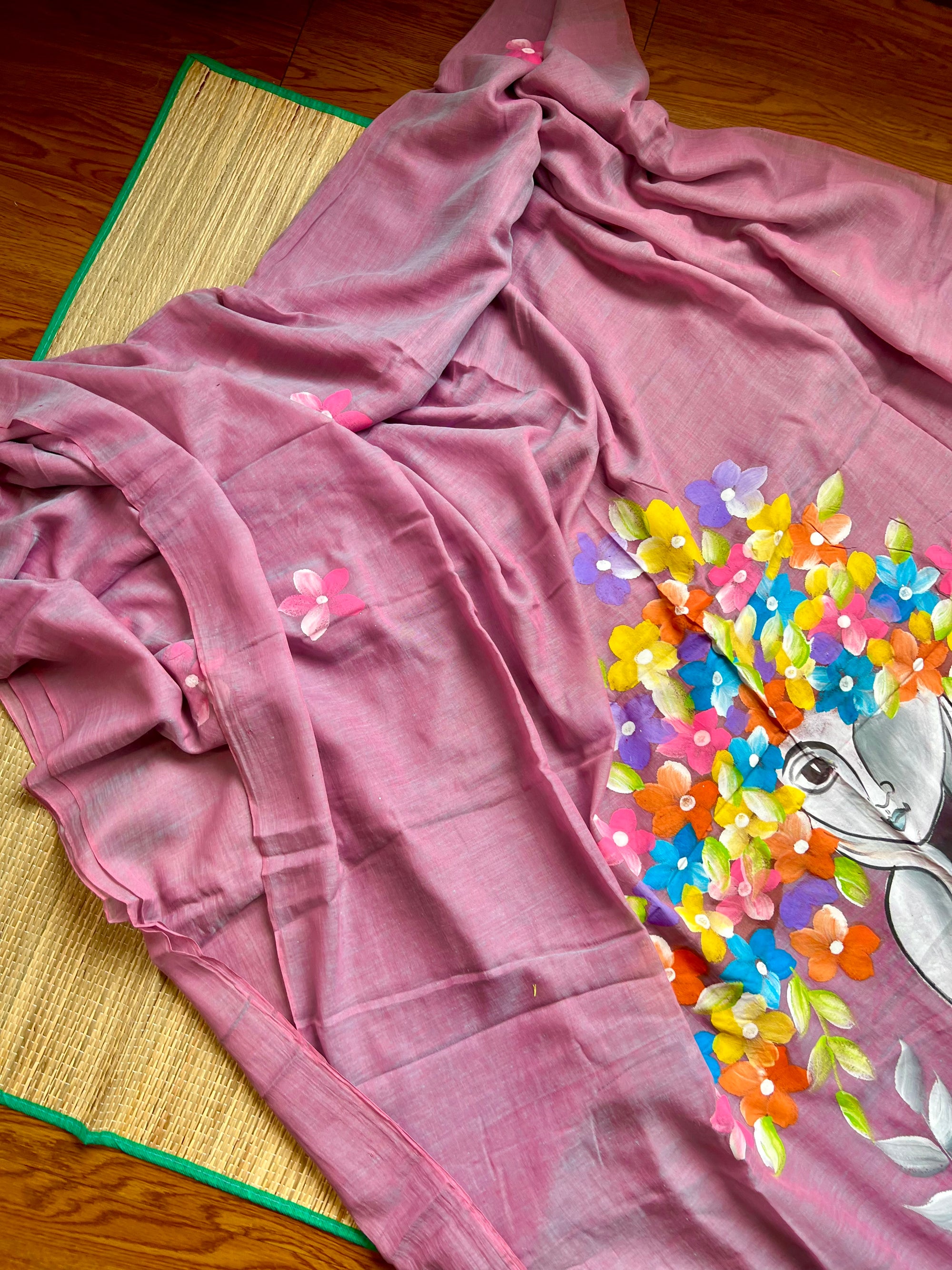 Flower Kreedam - MUslin cotton saree with big pom poms.