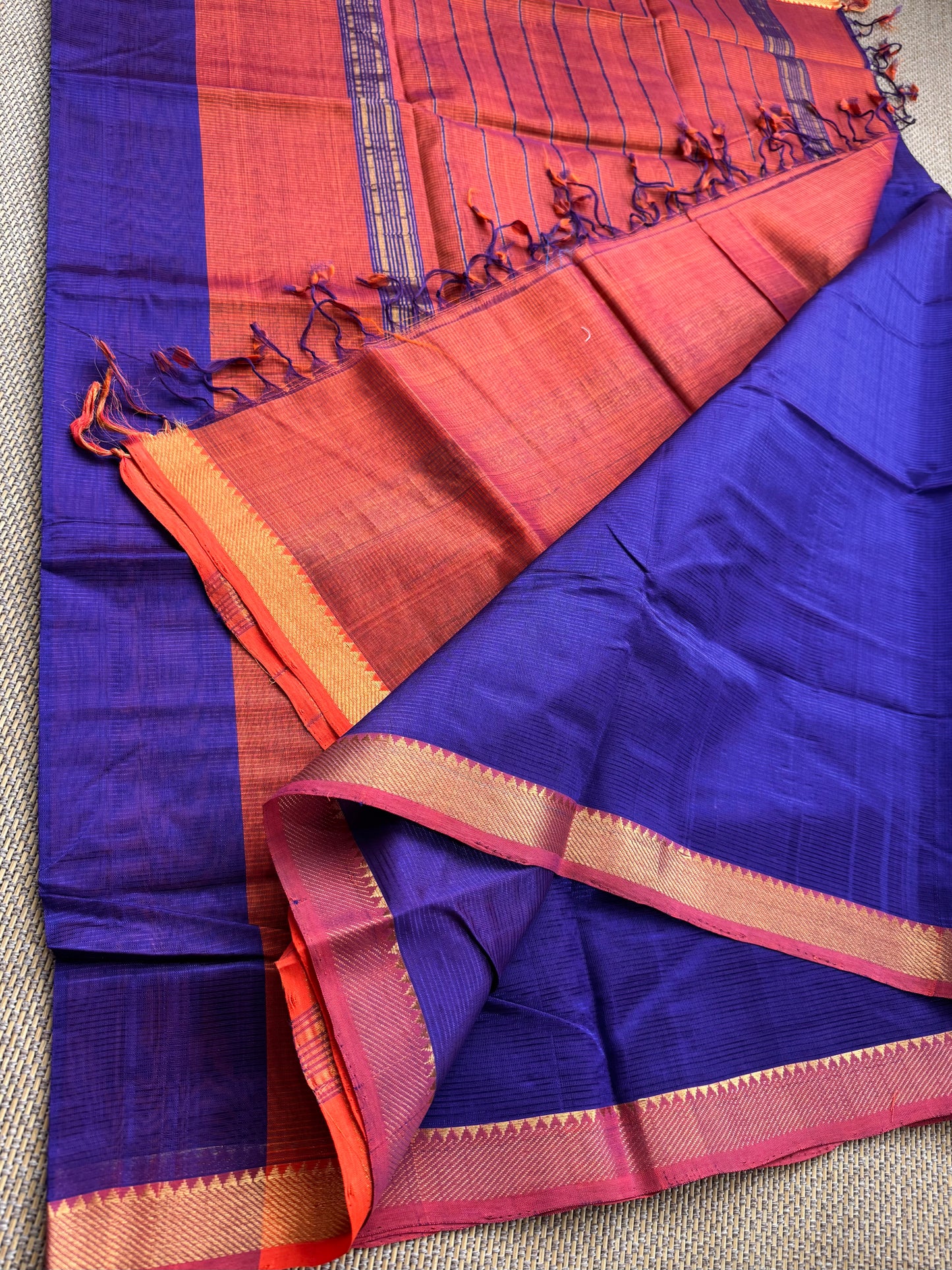 Pure Handloom Mangalagiri Semi pattu by cotton saree with 50/50K gold border