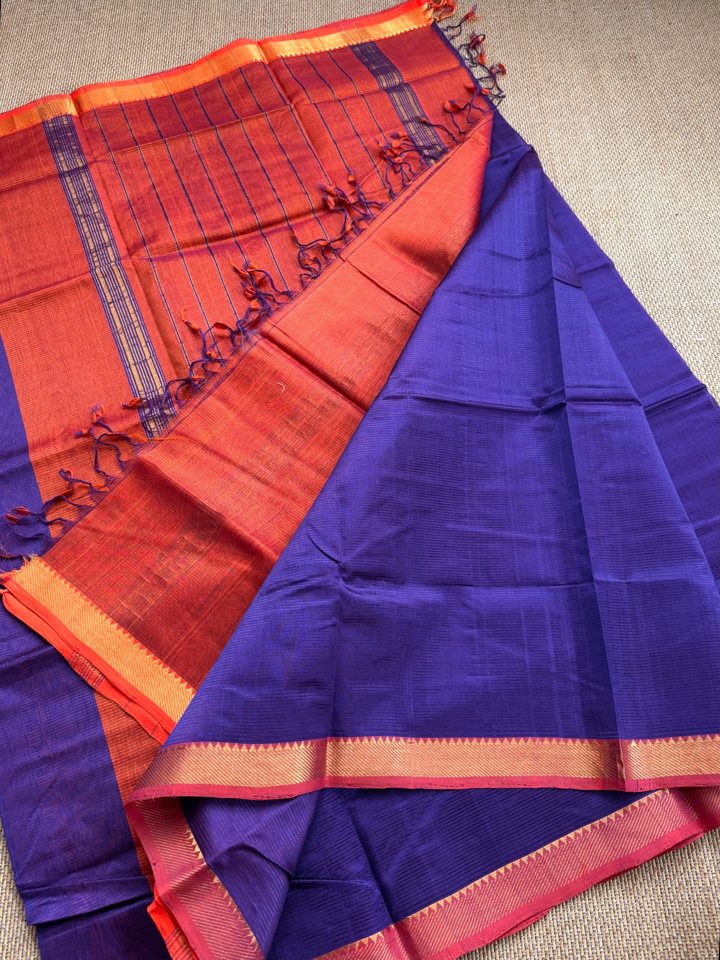 Pure Handloom Mangalagiri Semi pattu by cotton saree with 50/50K gold border