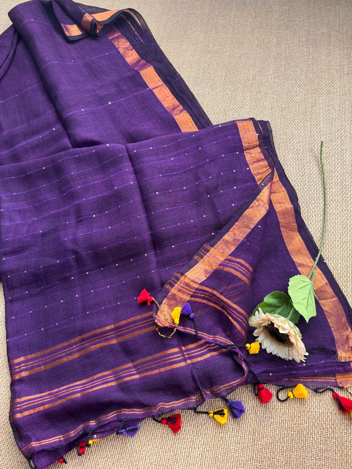 Linen By Linen with Sequins work saree with pom pom