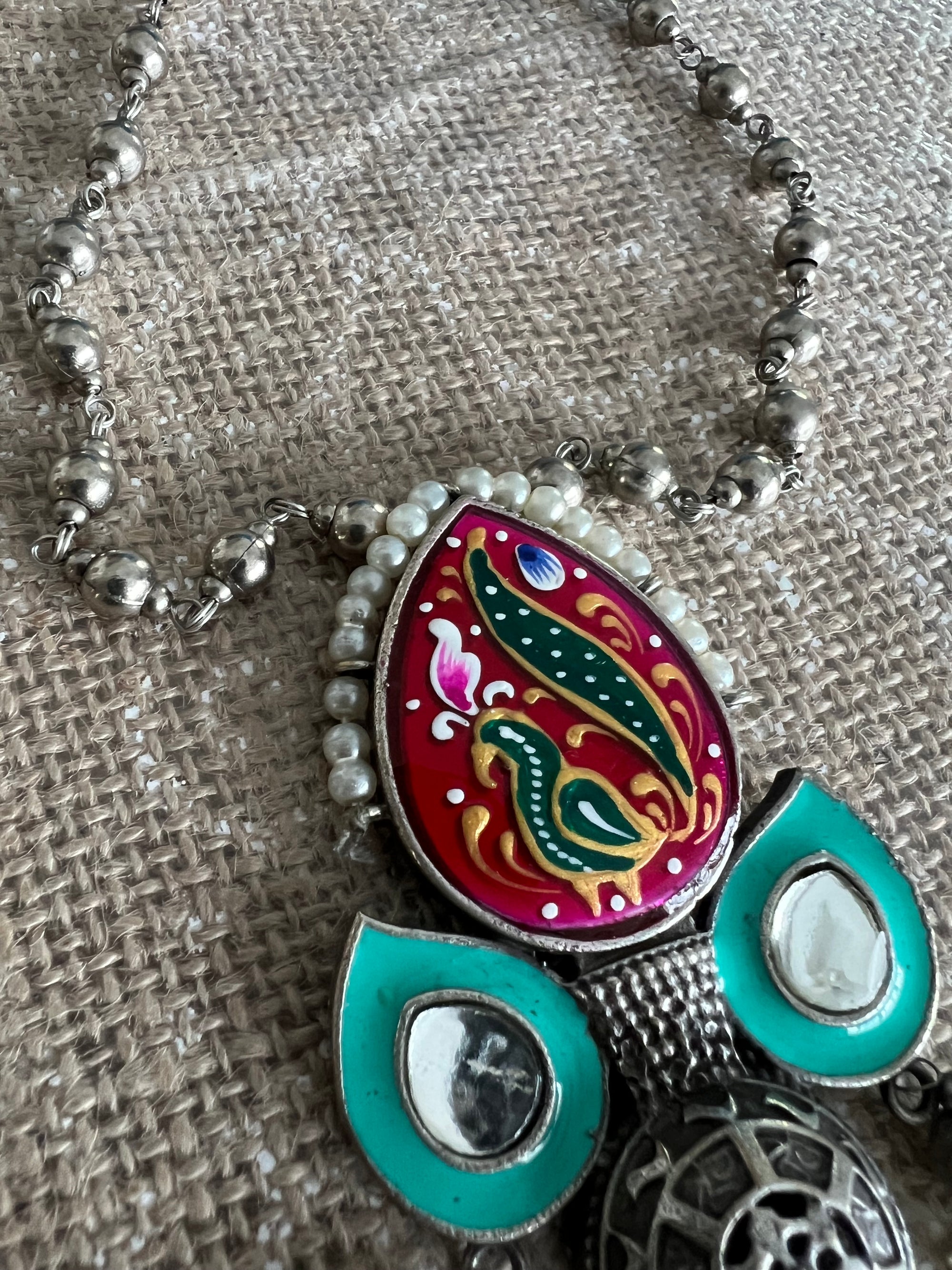 Statement jewelry - hand painted Oxidized silver