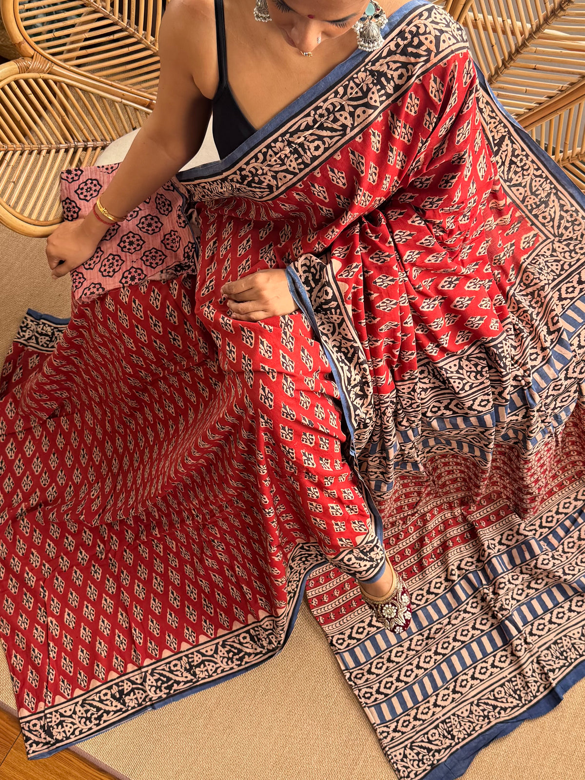 Block print cotton sarees