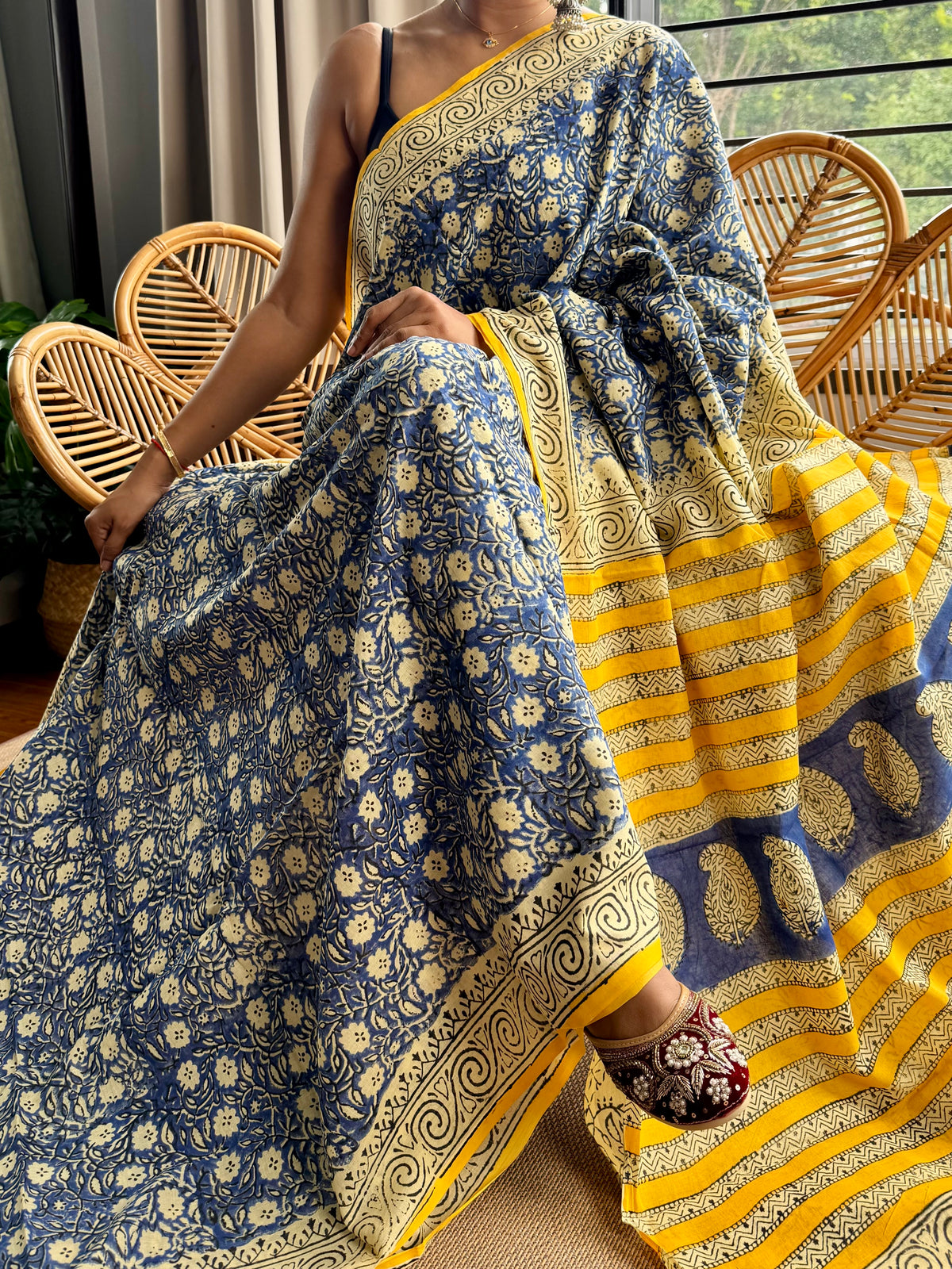 Block print cotton sarees