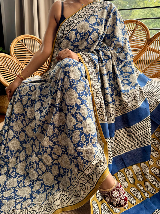Block print cotton sarees