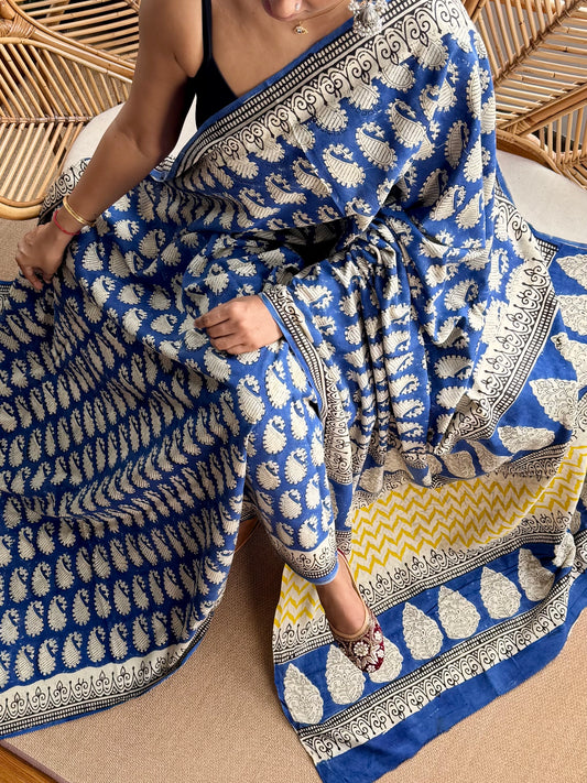 Block print cotton sarees