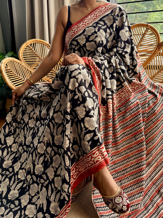 Block print cotton sarees