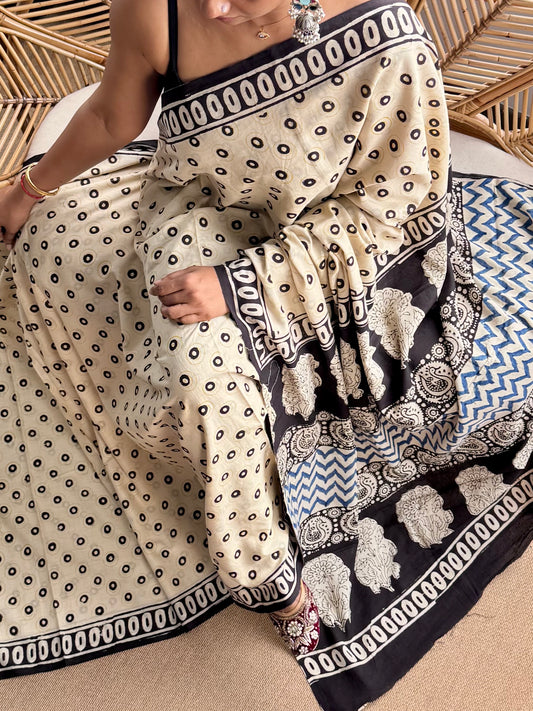 Block print cotton sarees
