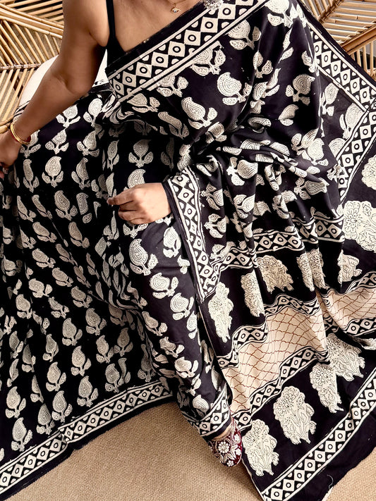 Block print cotton sarees