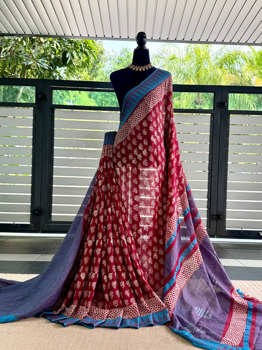 Cotton silk block printed saree