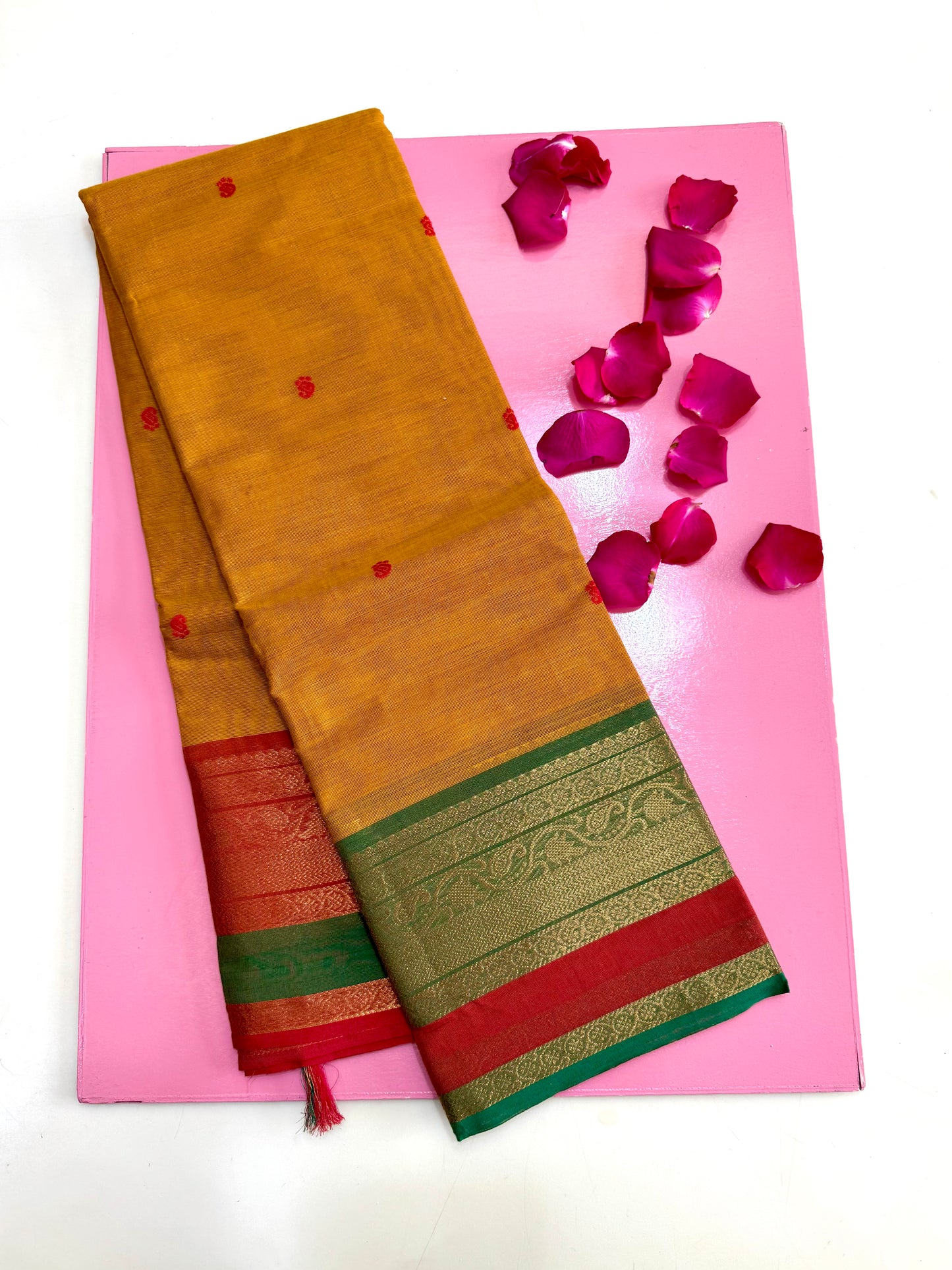 100 Counts Chettinadu Butta Cotton Saree with Grand Zari Border