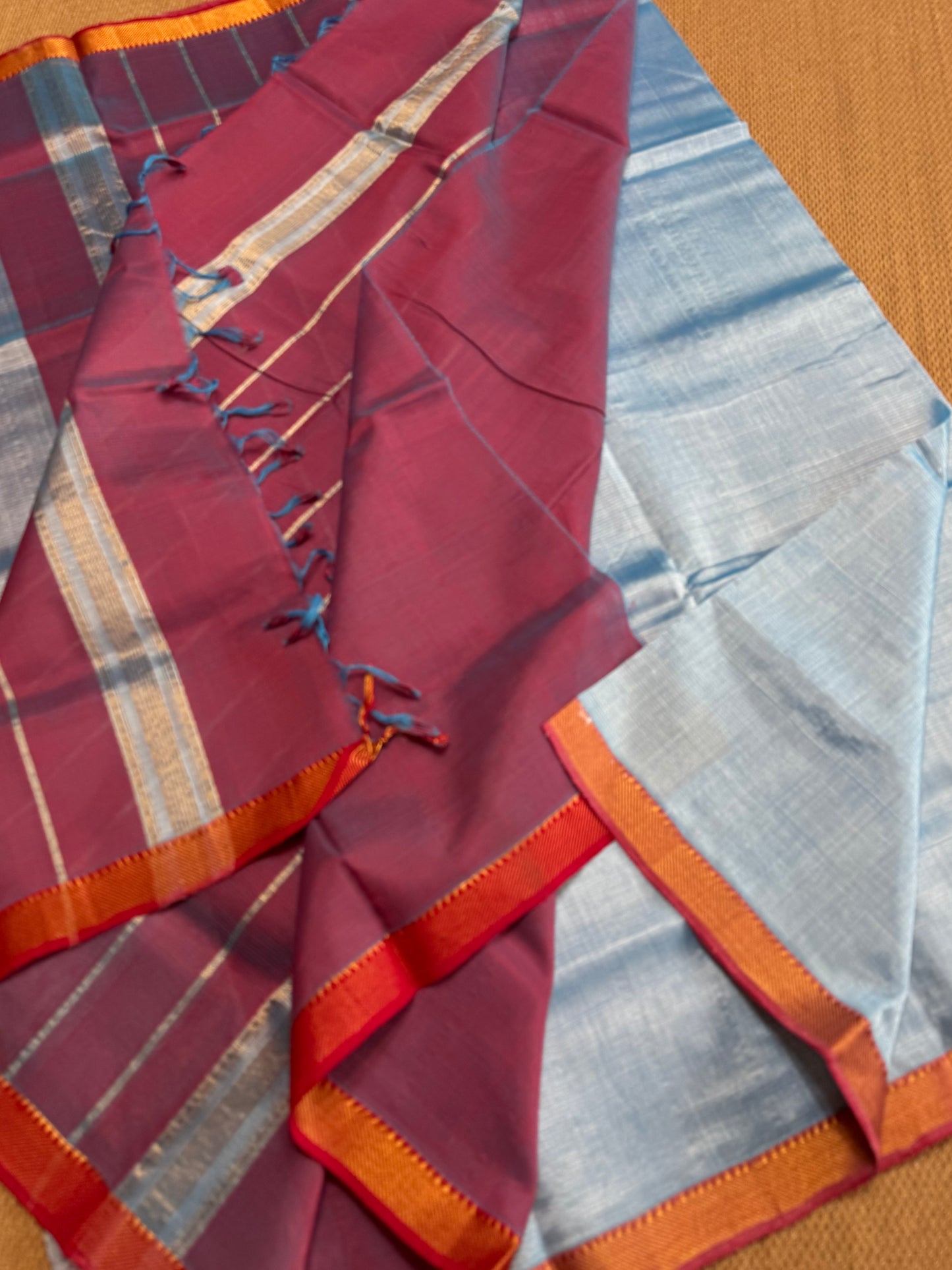 Pure Handloom Mangalagiri Semi pattu by cotton saree with 50/50 K gold border