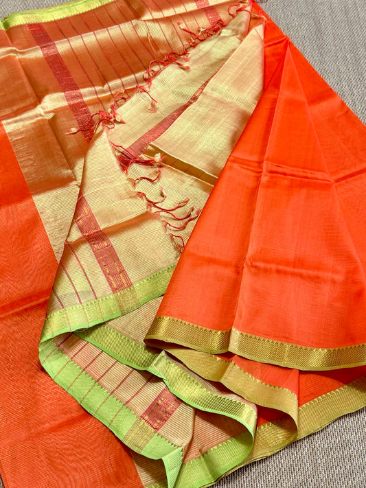 Pure Handloom Mangalagiri Semi pattu by cotton saree with 50/50 K gold border